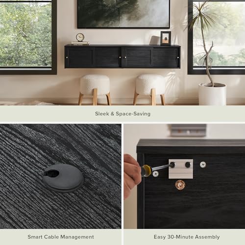 mopio Lauren Floating TV Shelf, Multi-Purpose Modular Under TV Display Shelf, Wall Mounted Wood Television Cabinet, Nightstand, Side Table, End Table, Bedside Shelves for Bedroom (Black, 62", Twin) - color: Black, size: Twin