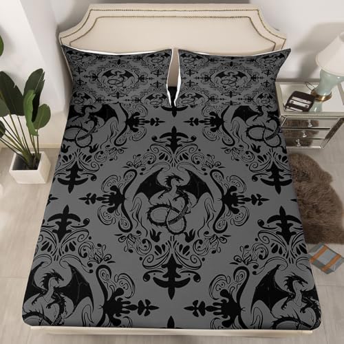 Feelyou Damask Fitted Sheet with 1 Pillowcase Twin Size Black Dragon Bed Sheets Set 16" Deep Pocket Boys Girls Jacquard Bedding Vintage Damask Floral Teens Bedroom Decor Soft Lightweight Microfiber - color: Black Gray-d, size: Twin