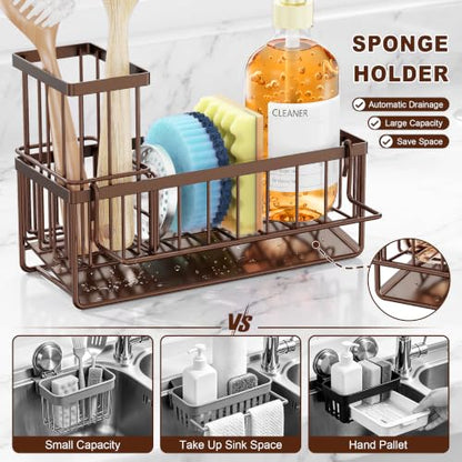 Sponge Holder for Kitchen Sink, Kitchen Sink Caddy, Kitchen Sink Sponge Holder, Dish Sponge Holder, Kitchen Sink Organizer for Sponge, Dish Brush, Scrubber(9.65" x 3.74" x 6.3", Brown) - color: Brown