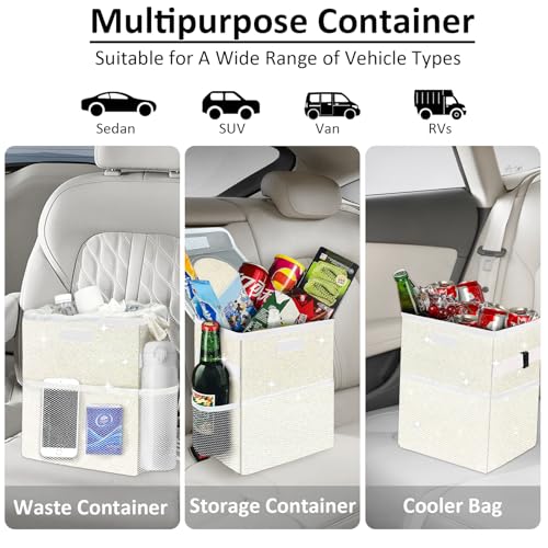 Cute Mini Car Trash Bag with Lid, Glitter Garbage Can Bin Hanging for Back/Front Seat/Console, Waterproof, Leakproof, 2.5 Gallon, Beige Cream Bling Sparkly - color: Beige Cream Bling Sparkly