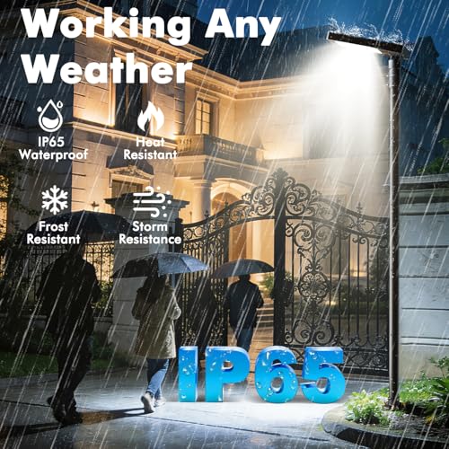 100" Solar Outdoor Street Lights with Pole & Remote, IP65 Waterproof 420 LEDs Solar Security Flood Motion Lights, Dusk to Dawn Solar Post Lamp for House, Yard, Garden, Patio, Lawn, Garage, Driveway - size: 100'' Height with die-cast base