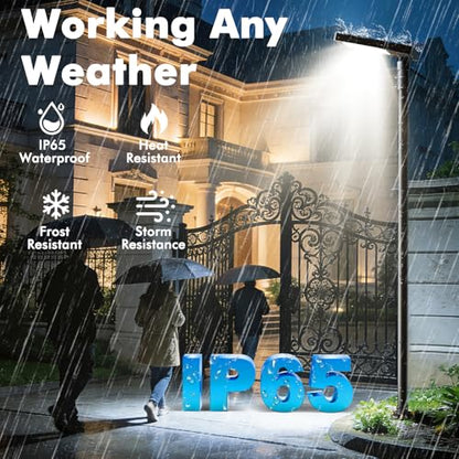 100" Solar Outdoor Street Lights with Pole & Remote, IP65 Waterproof 420 LEDs Solar Security Flood Motion Lights, Dusk to Dawn Solar Post Lamp for House, Yard, Garden, Patio, Lawn, Garage, Driveway - size: 100'' Height with die-cast base