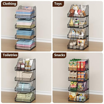 Lyuwanxian 4-Pack Stackable Wire Baskets for Closet Organizers and Storage, Open Storage Bins for Clothes, Toys, and Snacks - Rustic Metal Closet Organizer and Shelves in Black - size: Four-layer stacked basket