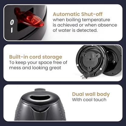 Elite Gourmet EKT5051 1.7L Electric Water Kettle, BPA-Free, Fast Boil, Auto Shut-Off, Boil-dry Protection, 360° Swivel Base with Cordless Serving, Clear-view Window with Water Level Markings, Black - color: Black