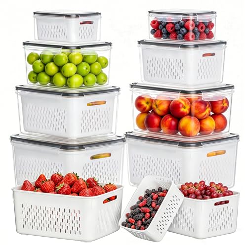 HOMETALL 8 Pack Fruit Storage Containers for Fridge, Produce Containers for Fridge with Colander, Leakproof Fridge Organizers and Storage for Berry Vegetable Salad Lettuce Meat Food - size: 8 Pack