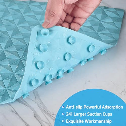 Non Slip Bathtub Mat for Bath Tub Shower Safety - Natural Rubber Mat with Suction Cups ＆ Drain Holes - BPA/PVC Free Large Bathroom Mat - Machine Washable - Unique Diamond Pattern - 17 × 35 Inch - color: Blue, size: 35" x 17" (Rectangular)