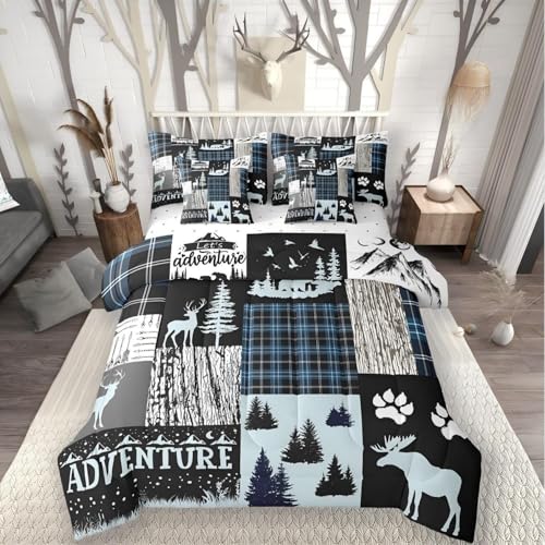 Bear Elk Deer Bed in a Bag Queen Comforter Set 7 Piece,Retro Cabin Sheet Set Woodland Animals Moose Bedding Set,Rustic Farmhouse Bed Set Pine Trees Country Cottage Blue Buffalo Plaid Decor - color: Black Blue, size: Queen