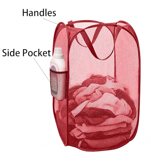Larpur Popup Mesh Laundry Basket, Collapsible and Portable Clothes Washing Laundry Hamper with Reinforced Carry Handle (Red) - color: Red