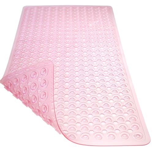 TEESHLY Bath Mat for Tub & Shower, Non Slip Soft Bathmat with Suction Cups & Drain Holes, Machine Washable Bathtub Floor Liner Mats for Bathroom, 35x16 Inch, Clear Pink - color: Pink (Translucent)