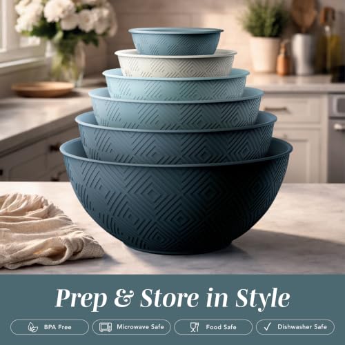 COOK WITH COLOR Mixing Bowls with Lids - 12 Piece Plastic Nesting Bowls Set includes 6 Prep Bowls and 6 Lids, Microwave Safe Mixing Bowl Set, Blue Rhombus - color: Blue Rhombus