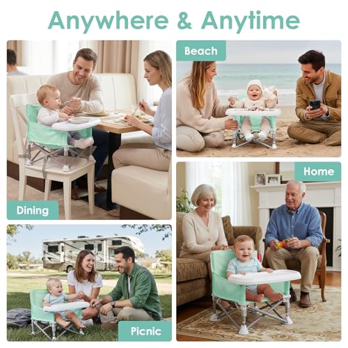 Tiny Marvels Baby Chair, Portable & Foldable for Travel & Beach, Ages 6M-3Y | BPA-Free Material, 3-Point Harness, 3-in-1 Baby Chair, Removable Tray & Carry Bag, Sturdy with Reinforcement, Non-Slip Feet - color: Green