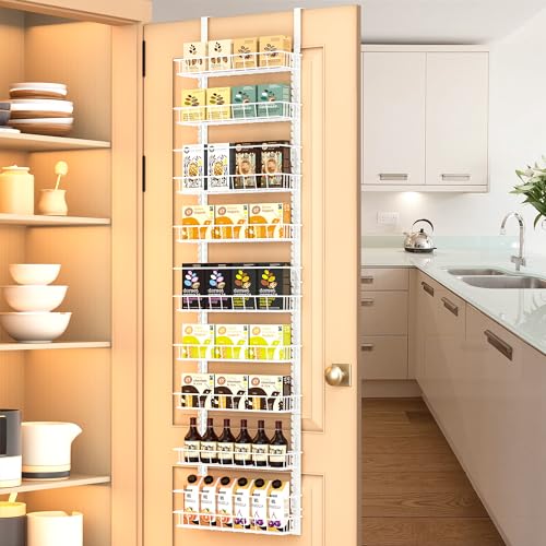 Churboro Over the Door Pantry Organizer Rack with 9 Adjustable Baskets, 9 Tiers Dual-use Hanging or Wall Mount Spice Rack Organizer, White - color: White, size: 9 Tiers