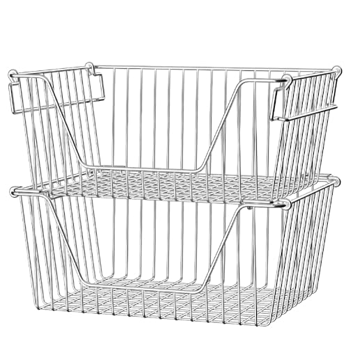 Slideep 14'' Large Stackable Storage Baskets Cabinet Organizer Sturdy Metal Wire Pantry Freezer Bin for Pantry Home Bathroom Kitchen Organization 2 Packs - color: 14''-Chrome
