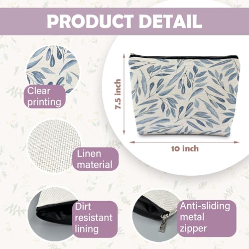 Blue Floral Makeup Bag Pouch, Blue and White Chinoiserie Makeup Pouch, Floral Cosmetic Bag, Boho Botanical Leaves Cosmetic Bag for Women - color: Blue Leaves
