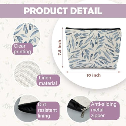 Blue Floral Makeup Bag Pouch, Blue and White Chinoiserie Makeup Pouch, Floral Cosmetic Bag, Boho Botanical Leaves Cosmetic Bag for Women - color: Blue Leaves