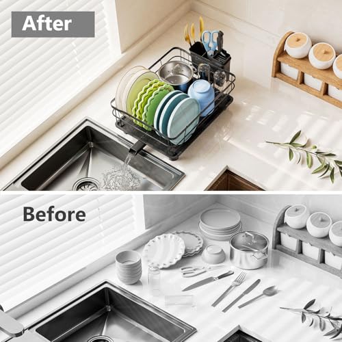 AIDERLY Auto Drain Metal Dish Drying Rack Dish Drainers, All Black | with Draining Tray, Strainer, for Kitchen Counter, Sink - color: All Black