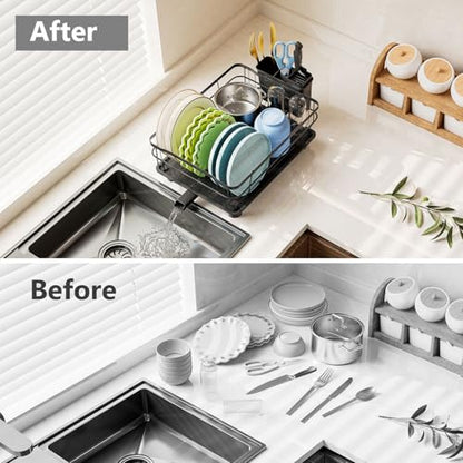 AIDERLY Auto Drain Metal Dish Drying Rack Dish Drainers, All Black | with Draining Tray, Strainer, for Kitchen Counter, Sink - color: All Black