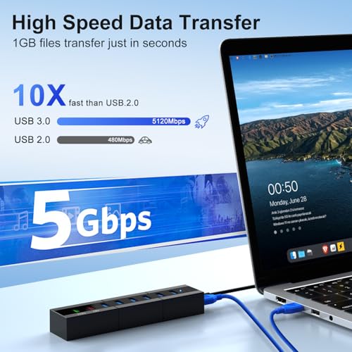 Powered USB 3.0 Hub, RAOYI 8 Ports High Speed USB 3.0 Hub Splitter with 36W Power Adapter, 3.3ft Cable and Smart Fast Charger USB Hub for for Laptop, PC, Mac, Mobile HDD, Mulitple Devices (Black) - size: Black, style: 8-Port 36W Rectangle