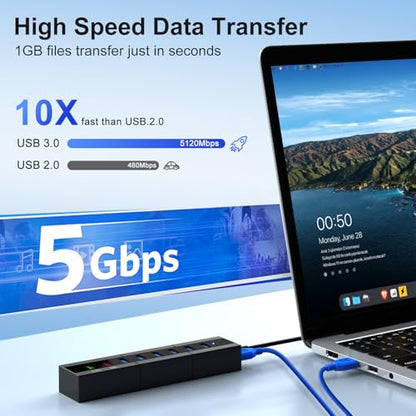 Powered USB 3.0 Hub, RAOYI 8 Ports High Speed USB 3.0 Hub Splitter with 36W Power Adapter, 3.3ft Cable and Smart Fast Charger USB Hub for for Laptop, PC, Mac, Mobile HDD, Mulitple Devices (Black) - size: Black, style: 8-Port 36W Rectangle