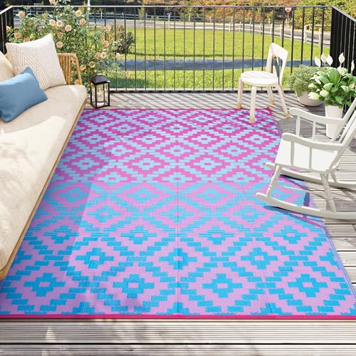 Anidaroel Ombre Camping Rug for Outside RV, 8x10 Waterproof Outdoor Rug for Patio Clearance, Reversible Plastic Straw Outside Area Rug for Camper, Backyard, Picnic(Blue&Purple,8‘x10') - color: Blue&purple, size: 8' x 10' (Rectangular)