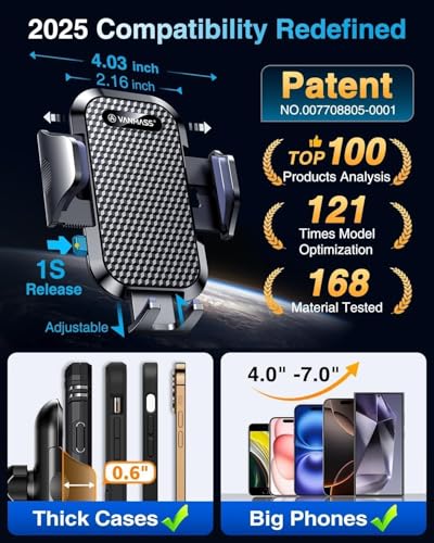 VANMASS [True Military-Grade Car Phone Holder [Best Suction & Clip] Cell Phone Mount for Dashboard Windshield Vent Wall,Truck Cradle Dash Stand for iPhone 15 Pro Max 14 13 12 Android,Light Black - color: Black