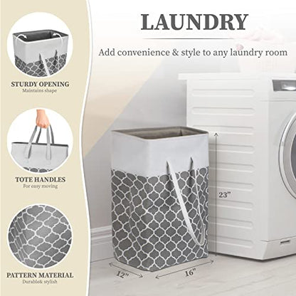 BROOKSTONE, Large Laundry Hamper with Handles, Perfectly Sized for Everyday Use, Foldable Travel Laundry Bag for Dirty Clothes, Laundry Basket for Dorms and Bedrooms Gray/White