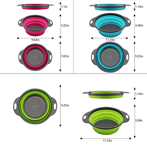 Qimh Collapsible Colander Set of 3 Round Silicone Kitchen Strainer Set - 2 pcs 4 Quart and 1 pcs 2 Quart- Perfect for Draining Pasta, Vegetable and fruit (green,blue, purple) - color: green,blue, purple