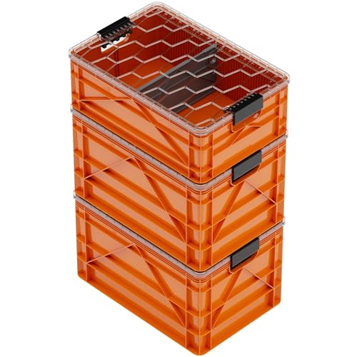 SIDIO CRATE Starter Pack - Two Full Size and One Half Size SidioCrate, Stackable Outdoor Organizer Storage Bins with Clear Lid and Dividers - Orange - color: Orange
