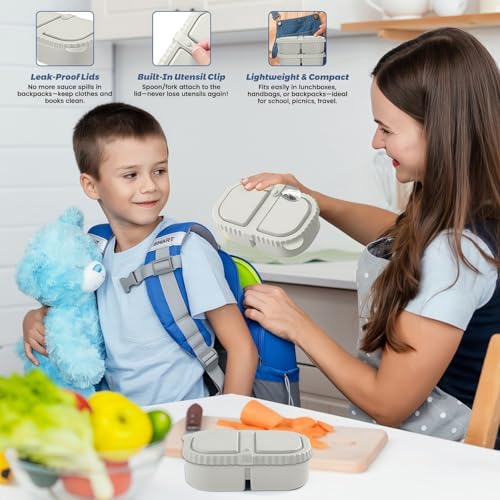 Silicone Snack Containers for Kids (8.5Oz, 2-Compartment)+ Kids Silicone Cutlery Set (Spoon and Fork) - BPA Free, Leak Proof, Great for Toddler/Kid/Adult Meal Prep Containers (White) - color: White