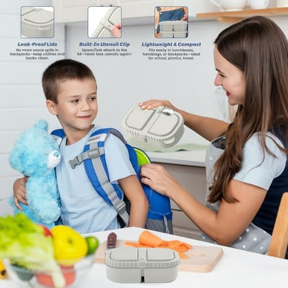 Silicone Snack Containers for Kids (8.5Oz, 2-Compartment)+ Kids Silicone Cutlery Set (Spoon and Fork) - BPA Free, Leak Proof, Great for Toddler/Kid/Adult Meal Prep Containers (White) - color: White