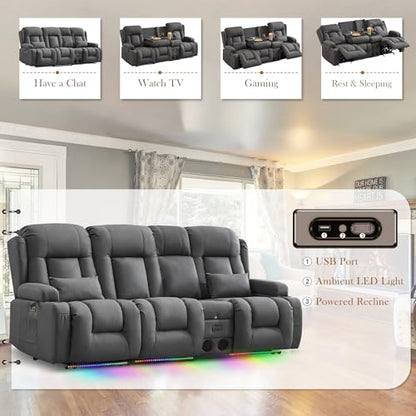 TUNYI Power Loveseat Recliner Sofa with Massage & Heat Home Theater Seating with Console RV Recliner Loveseat Sofa with USB/Storage/Side Pocket/LED Light/Speaker (Dark Grey) - color: Dark Grey, size: 3 Seat with console
