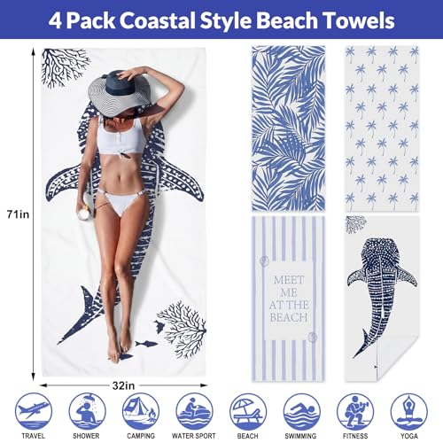 Frienda 4 Pack Microfiber Oversized Lightweight Beach Towel 71x32 in for Women Men Microfiber Quick Dry Sand Free Ocean Coastal Towels for Beach Pool Travel (Summer) - style: Summer