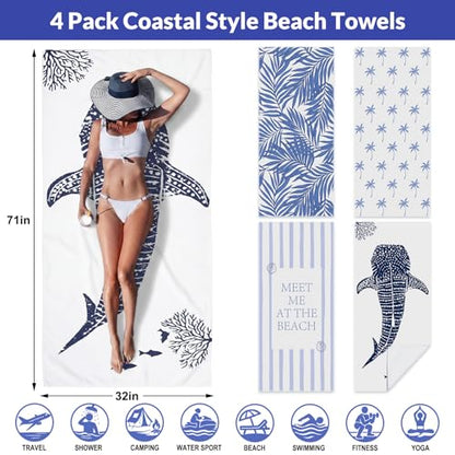 Frienda 4 Pack Microfiber Oversized Lightweight Beach Towel 71x32 in for Women Men Microfiber Quick Dry Sand Free Ocean Coastal Towels for Beach Pool Travel (Summer) - style: Summer