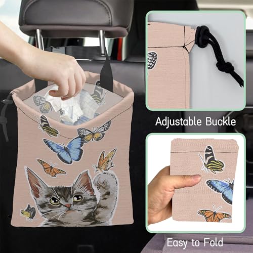 Cute Cat Car Garbage Bag,Flying Butterflies Waterproof Small Car Trash Bag Hanging Back of Seat,Drawstring Hanging Car Trash Bag with Adjustable Buckle for Car Accessories - color: Cute Cat