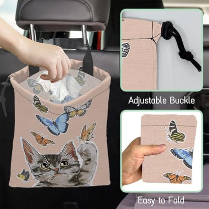 Cute Cat Car Garbage Bag,Flying Butterflies Waterproof Small Car Trash Bag Hanging Back of Seat,Drawstring Hanging Car Trash Bag with Adjustable Buckle for Car Accessories - color: Cute Cat