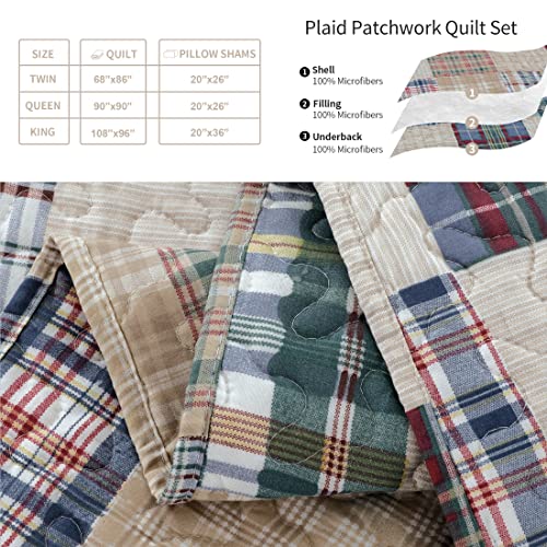 Plaid Bedspread Quilt Set Twin Size - Patchwork Bedding Mens Collection Lightweight Reversible Coverlet With Pillow Shams, Beige - color: Beige Plaid, size: Twin