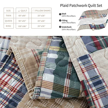 Plaid Bedspread Quilt Set Twin Size - Patchwork Bedding Mens Collection Lightweight Reversible Coverlet With Pillow Shams, Beige - color: Beige Plaid, size: Twin