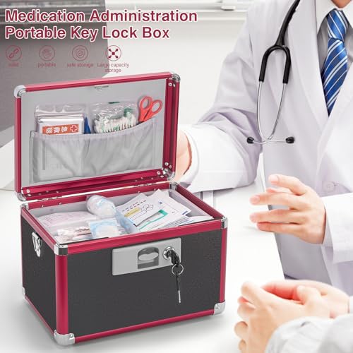 LOCKCURX Secure Medicine Lock Box with Key, Childproof Metal Medication Storage Organizer for Home & Travel, Layered Aluminum First Aid Box, Portable & Durable – 15" x 8.7" x 9.4" Black & Red