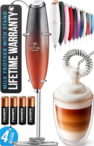 Zulay Kitchen Powerful Milk Frother Wand With Duracell Batteries - Ultra Fast Handheld Drink Mixer - Electric Whisk Foam Maker for Coffee, Lattes, Cappuccino & Matcha - Z1 Motor - Black & Red - color: Blaze Crimson, size: Z1 Motor + Batteries