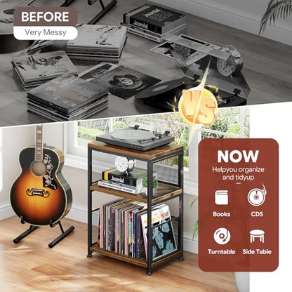 Simple Trending Record Player Stand, Turntable Stand with Vinyl Storage Holds Up to 200 Albums, Large Record Player Table with Adjustable Divider, Rustic Brown - size: End Table with mesh