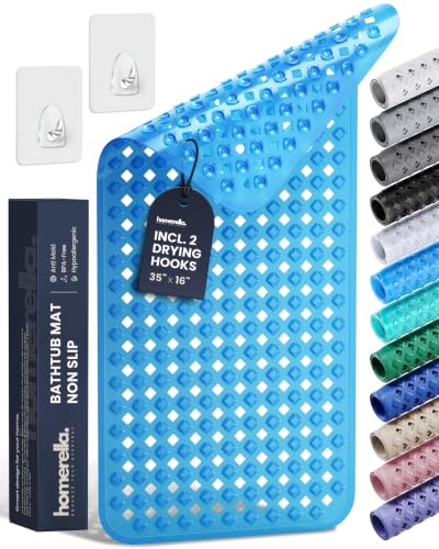 Bathtub Mat Non Slip 35x16 - homerella® Bath Mat Incl. Hooks for Drying, Extra Long, 100% BPA Free, Shower Mat Non Slip Anti Mold, Machine Washable, Shower Mats for Inside Shower Mildew Resistant - color: Clear Blue, size: 34.5" x 15.5" (Rectangular)