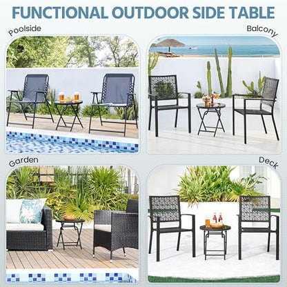 Yaheetech Outdoor Folding Side Table, Round Patio Folding End Table with Silk Tempered Glass Tabletop, Portable Small Garden Bistro Table for Garden Balcony Porch Deck, Black