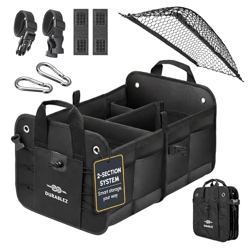 2-Section Trunk Organizer Foldable Car Storage Bin – Compact Dual-Compartment Auto Organizer with Cover Net, Non-Slip Pads, Heavy Duty Oxford 1680D – Black - color: black, size: 2-section large