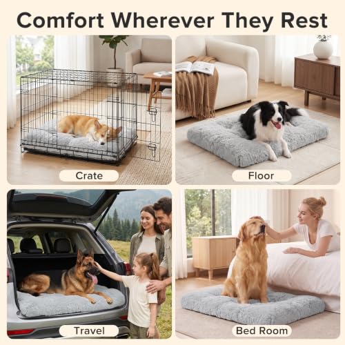 JOEJOY Large Dog Bed Crate Pad, Deluxe Plush Washable Dog Beds Fulffy Soft Kennel Pad Anti-Slip Pet Sleeping Mat for Large Medium Small Dogs, 35" x 23", Grey - color: Grey, size: L(35"x23"x3.5")