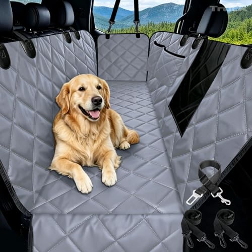 Truck Dog Seat Cover Back Seat | 100% Waterproof & Seat Belt | Pet Hammock for Car Rear Seat Protector with Mesh Window Fits Pickup Ford F-Series/Chevrolet Silverado/Ram/GMC Sierra etc(Gray) - color: Gray, size: Truck