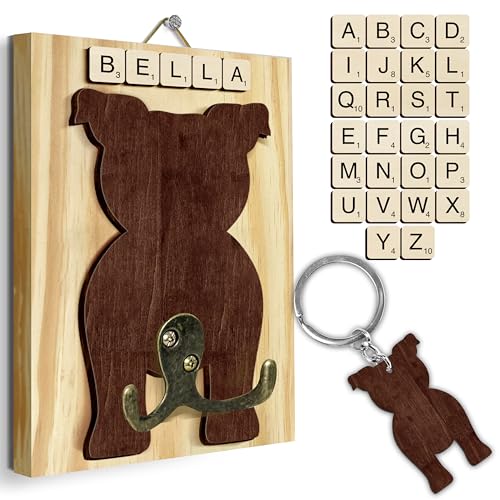 Pitbull Dog Leash Holder Wall Mount with Scrabble Letters, Wooden Dog Wall Hook Organizer, Pet Collar and Harness Hanger for Entryway, Key Hook Gift for Pet Lovers, Home Decoration PF297-55 - color: Pitbull, size: 7.8″ x 5.5"