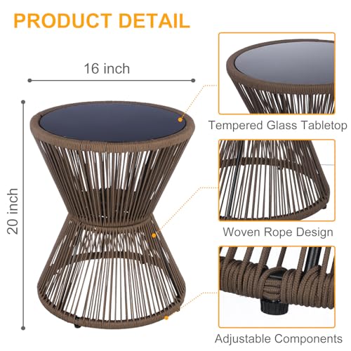 SUNNYPARK Outdoor Side Table 20'' H Small End Tables Woven Rope Weather Resistant with Glass Top Round Coffee Table for Indoor Balcony Patio Poolside (Brown) - color: Brown