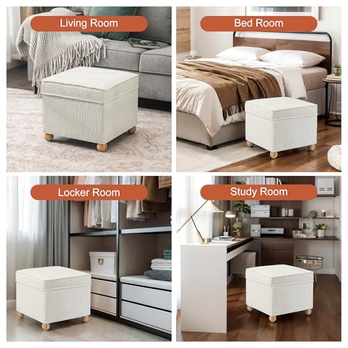 Ottoman with Storage, 17Inch High Jacquard Velvet Foot Stools Ottoman for Living Room, Upholstered Square Storage Ottomans Foot Rest, Bedroom Footstools and Ottomans with Hinged Lid, White - color: White Velvet