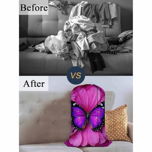 Swono Laundry Bag with Drawstring Closure Purple Butterfly, Foldable, Compact, Lightweight, 28" X 40" Beautiful Animal Wings Floral Petal Packable Dirty Clothes Bag for Home Dorm, Camp, Road Trip - color: Purple Butterfly