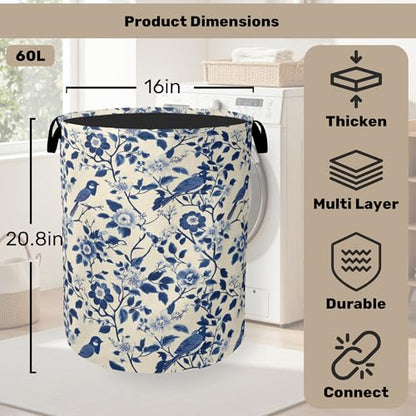 Navy Blue Beige Birds Laundry Basket - Heavy Duty 60L Dirty Clothes Organizer, Water Resistant Foldable Hamper for Men Women - color: Navy Blue Beige Birds